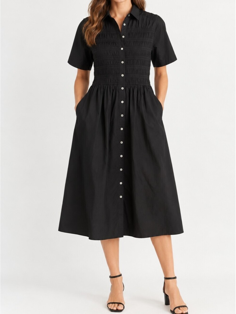 J.Crew Elsie Shirt Dress Black M Cotton Poplin Smocked Midi NWT $168